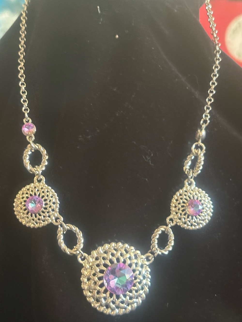 Silver Filigree Necklace with Pink-Purple Crystal Accents